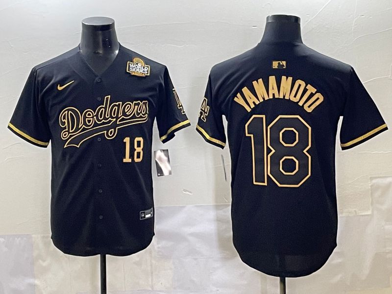 Men 2025 Los Angeles Dodgers #18 Yamamoto Black Gold Five generations Nike MLB Jersey style 11
